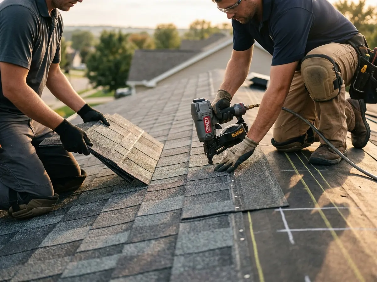 Professional roofer working on a residential roof in Elmhurst